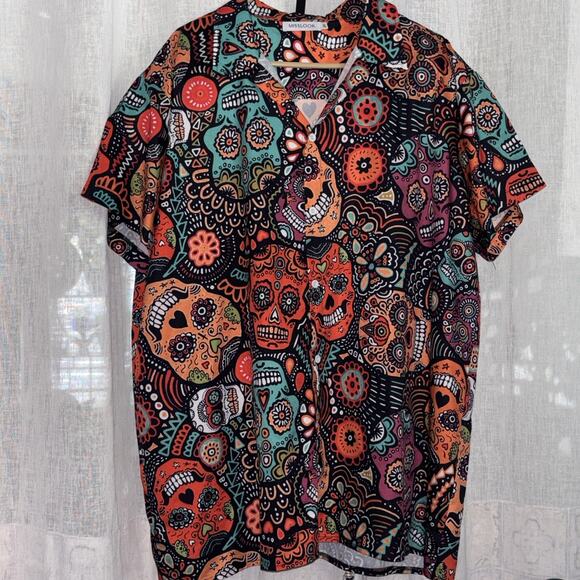 Mens Unisex Day of the Dead button Shirt 3x Short Sleeve Dia De Los Muertos Top - Picture 1 of 5